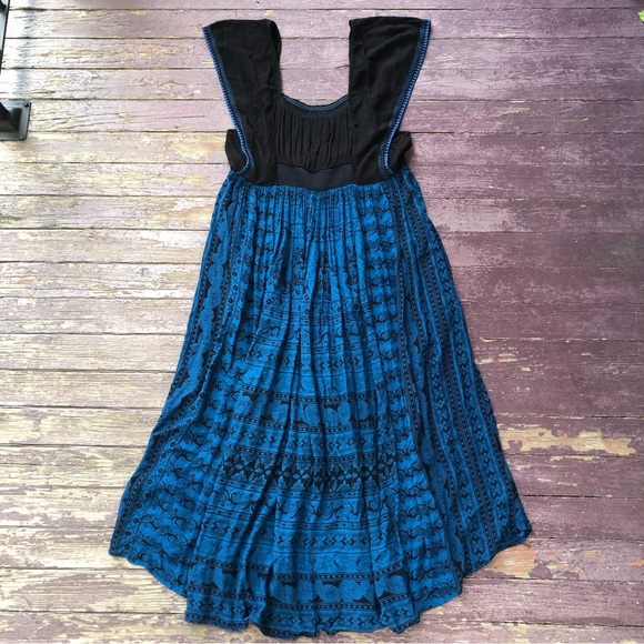 Free People Maxi Dress Flutter Sleeve Blue Black Floral Elephants - Picture 13 of 16